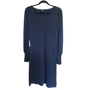 Womens Sweater Dress-TALBOTS-navy blue "Pure Merino Wool" knit V-neck Small